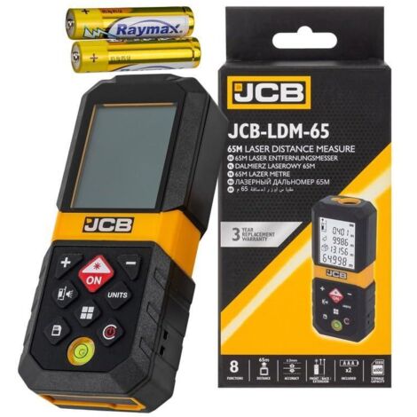 Télémètre laser Digital LCD JCB 65m, mesures précises jusqu'à 65m, précision ±3mm, écran rétroéclairé, mémoire of 30 mesures, idéal pour la construction et le bricolage. (1/3)