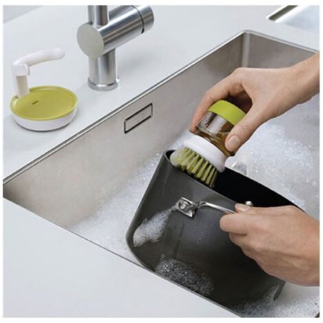 Brosse distributrice de savon Joseph Joseph Palm Scrub, brosse à vaisselle, support de rangement, design compact, gris, nettoyage facile de