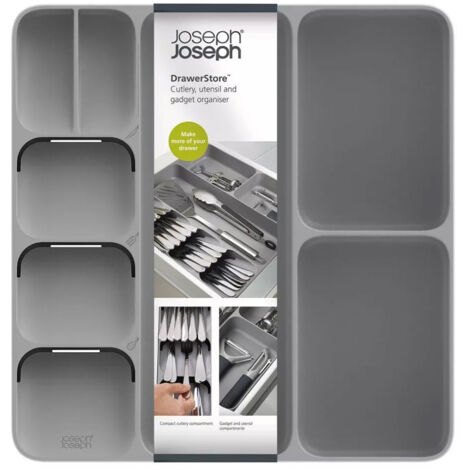 Range-couverts et ustensiles JosephJoseph Joseph DrawerStore, 5 compartiments à couverts et 3 compartiments à ustensiles, gris, optimise el espace des tiroirs.