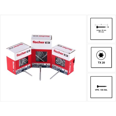fischer Power-Fast II 670438 - Vis à panneaux d'aggloméré (100 pièc., 5.0 x 40 mm, avec étoile intérieure TX, filetage complet, zingué), couleur bleu