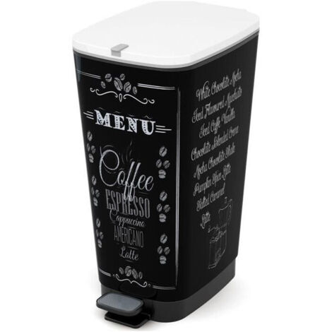 Poubelle de cuisine à pédale 42,5 L – Noir avec motif café – Poignée caoutchouc – Joint anti-odeur – Patin anti-dérapant – KIS