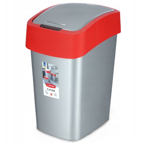 CURVER Flip Bin - Poubelle 25L à couvercle basculant - Pour Cuisine, Bureau, Salle de Bain - 26 x 34 x 47 cm - Gris / Rouge (1/5)