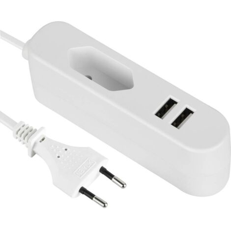 Rallonge Euro cable avec 2x usb ports de charge usb : 2,4a sortie partagée, 1,4 m câble, blanc, parfait pour les voyages (1/4)