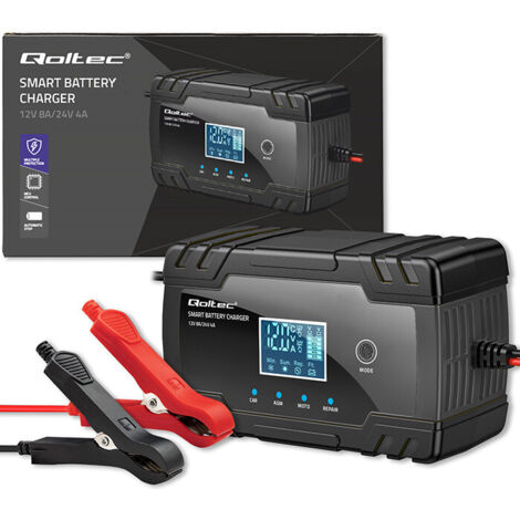 Chargeur intelligent à microprocesseur Qoltec 12 V 8 A 24 V 4 A Redresseur avec fonction de réparation pour batteries AGM GEL Écran LCD (1/5)