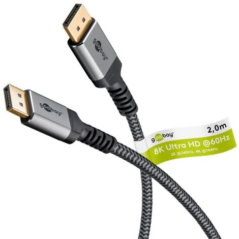 goobay 65265 Cable DisplayPort 1.4 jusqu'à 8K @ 60 Hz (UHD), 4K @ 144 Hz et 2K @ 240 Hz, DP, cable Displayport de haute vitesse, cable display, Nylon braided, Gaming, streaming de HD video, 2m (1/5)