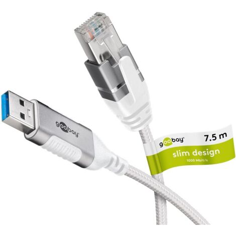 Câble Ethernet USB-A 3.0 vers RJ45, Slim, 7,5 m, connecte un routeur, modem ou switch réseau au port USB-A de l'ordinateur portable, tablette ou smartphone. Longueur de câble 7.5 m (1/5)