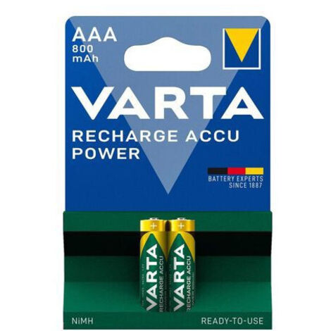 Pile AAA Micro Ni-Mh préchargée VARTA Rechargeable Ready2Use (2-pack, 800 mAh), rechargeable sans effet de mémoire - Prêt à l'emploi