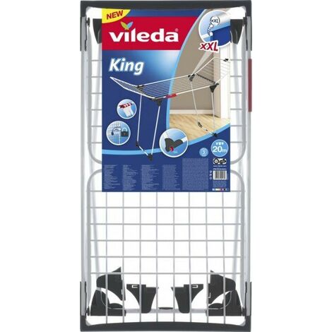 Sèche-linge Vileda King 20 m² – Structure en acier – Roues de transport – Verrouillage des ailes – Dimensions plié 57 x 13 x 105 cm