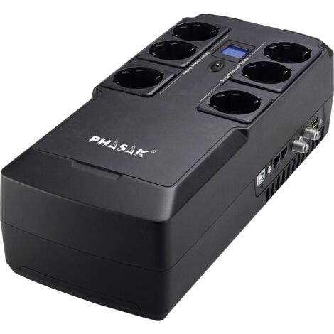 Onduleur interactif PHASAK Kryptos 800 VA Modèle PH 9478, protection complète des équipements électroniques, 6 prises Schuko, protection contre les surtensions, USB pour le chargement, connexion RJ45 