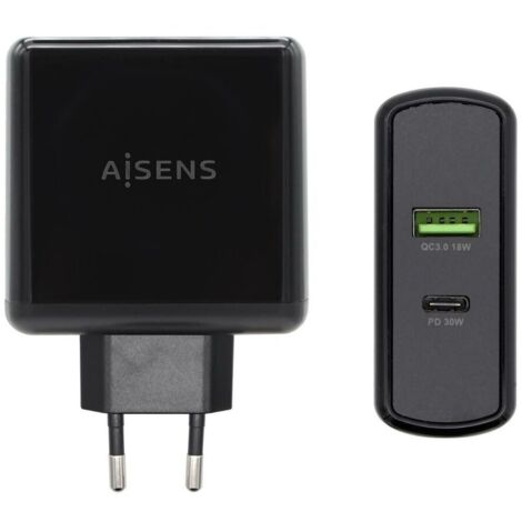 Chargeur Usb-c Pd3.0 30w Usb-a Qc3.0 18w Noir Aisens Asch-2pd30qc-bk (1/3)