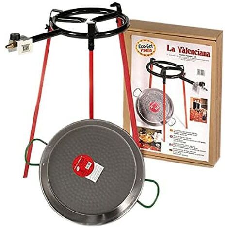 Ensemble de poêles à paella 38 cm avec trépied 60 cm et brûleur à gaz 300 mm – Acier poli pour cuisson efficace – Vaello