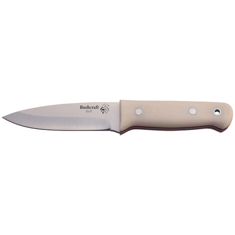 Couteau monobloc BUSHCRAFT J&V avec mango Couteau Micarta couleur ivoire, lame de 11 cm et étui en cuir marron, outil de camping pour la pêche, la chasse, les activités sportives. (1/5)