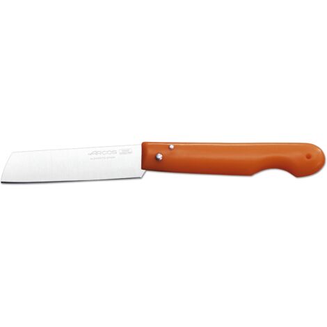 Couteau professionnel Arcos 485729 en acier inoxydable NITRUM®, mango en polypropylène rouge et lame de 8,5 cm dans une boîte de présentation.