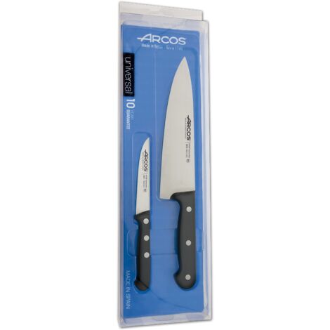 Jeu de 2 couteaux de cuisine Arcos Universal 285800 en acier inoxydable et mango Jeu de 2 pièces en polyoxyméthylène dans une mallette.