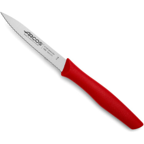 Couteau Mondador Arcos Nova 188612 en acier inoxydable Nitrum et mango Couteau en polypropylène, lame rouge de 10 cm en boîte présentoir.