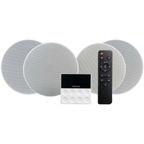 Kit audio encastré 4 enceintes 6'' – Amplificateur mural 25W RMS – Bluetooth, USB, FM – Égalisation graves/aigus, télécommande incluse – Fonestar