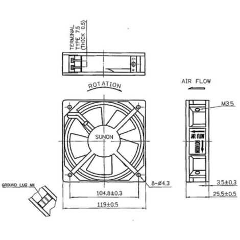 Ventilateur sur pied 120 x 120 x 25 mm – Débit d'air 109-133 m³/h – Vitesse 2000-2300 rpm – Niveau sonore 43-46 dBA – Sunon - 230vca (1/3)