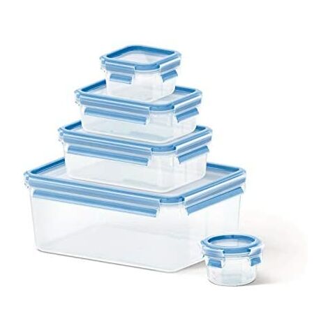 Emsa Clip &amp Close Set de 5 conservateurs hermétiques en plastique 0,15 L 0,25 L 0,55 L 1L et 3,7 L, hygiéniques, ne conservent pas les odeurs et les saveurs 100% sans BPA, transparents et bleus (1/5)