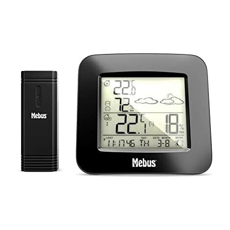 MEBUS Funk-Wetterstation mit Außensor Thermometer Hygrometer Wettervorhersage Mondphasen Wettertrend, Alarm mit Weckwiederholung, Kalender/Material : Kunststoff/Farbe : Schwarz/Modell : 40715 (1/5)