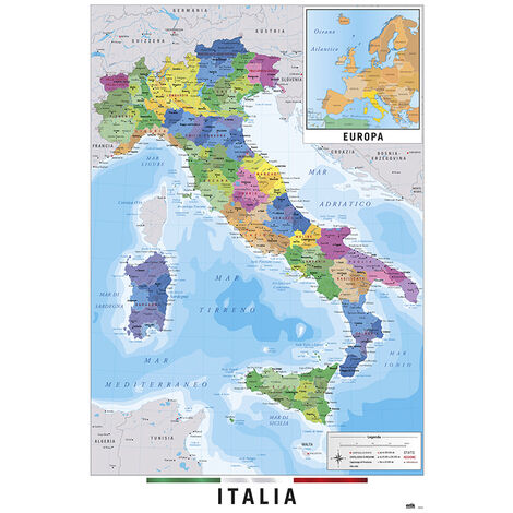 Carte postale de l'Italie physique et politique – Dimensions 61 x 91,5 cm – Papier brillant haute qualité 150 g/m² – Décoration géographique