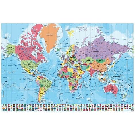 Poster carte du monde physique et politique 61 x 91,5 cm – Impression papier brillant 150 g/m² – Décoration intérieure éducative
