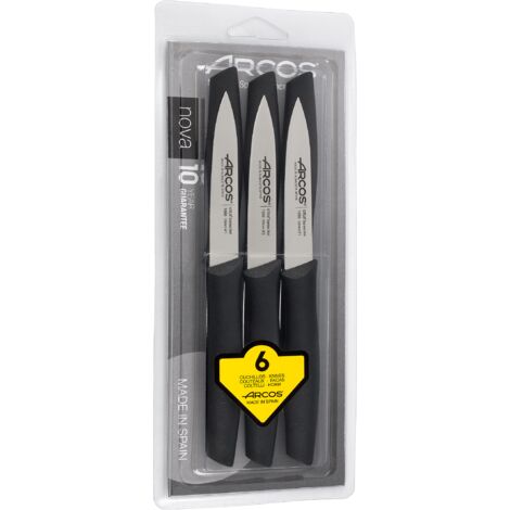 Set de 6 couteaux de cuisine 10 cm – Lame en acier inoxydable NITRUM – Manche en polypropylène noir – Performance de coupe exceptionnelle – Arcos