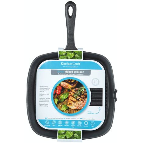 KitchenCraft Poêle à griller en fonte de Cuisinière à induction, gril avec rainures, carrée, 23cm - Noir