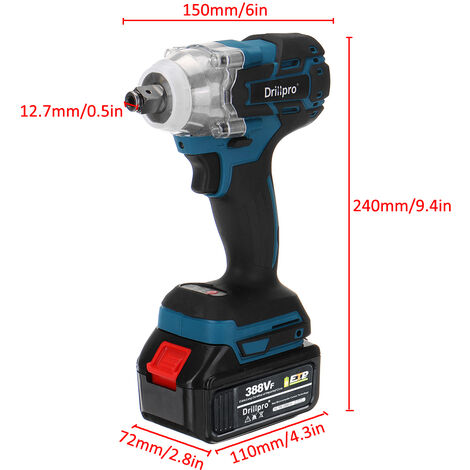 Drillpro Clé à Chocs sans fil Brushless 520N.M 18V 388VF 1/2''avec 2 batterie ZebraA