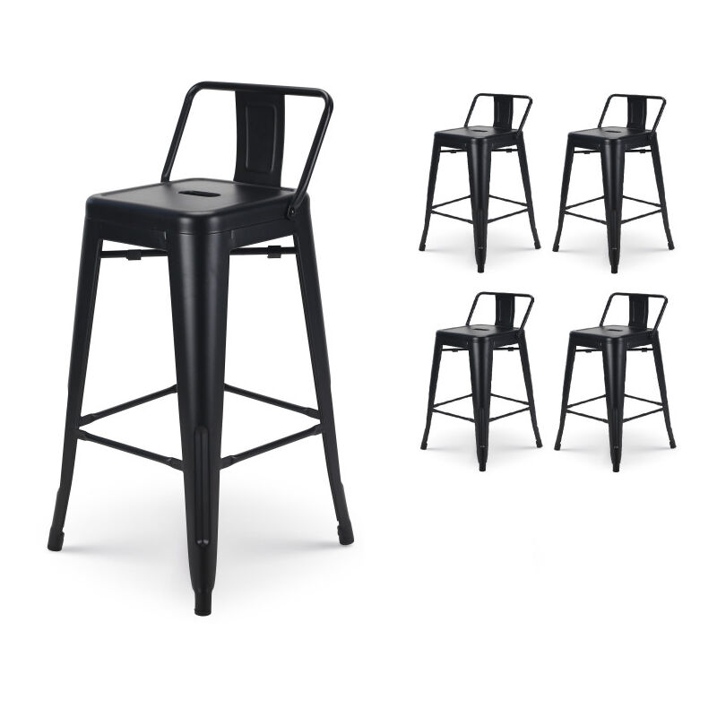 Lot de 4 chaises de Bar tabourets Moyens Style Industriel avec Petit Dossier en m/étal Noir Mat et Assise en Bois Naturel Clair Kosmi