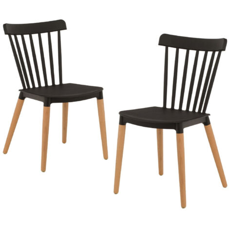 Lot de 2 chaises style scandinave à barreaux modèle POP - Coque en résine noire et pieds en bois naturel (1/5)