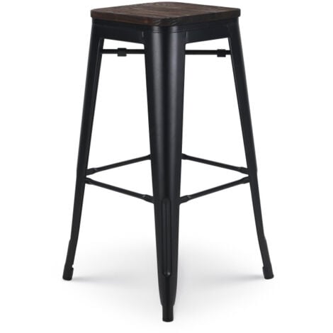 Tabouret de bar en métal noir mat style industriel et assise en bois foncé - Hauteur 76 cm
