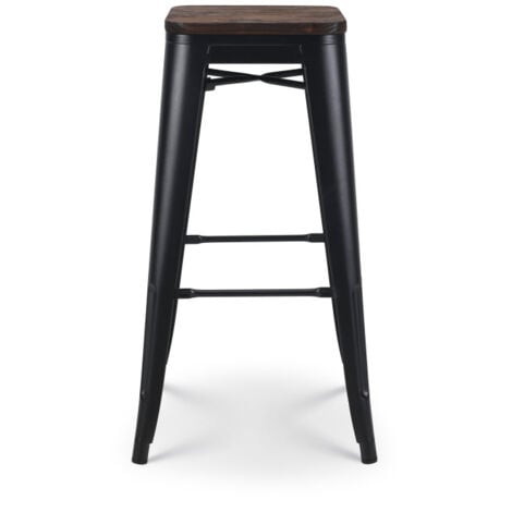 Tabouret de bar en métal noir mat style industriel et assise en bois foncé - Hauteur 76 cm