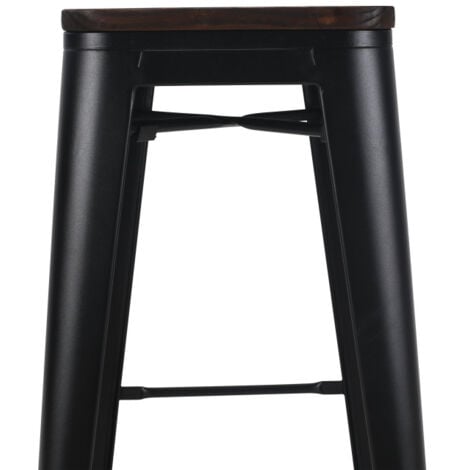 Tabouret de bar en métal noir mat style industriel et assise en bois foncé - Hauteur 76 cm