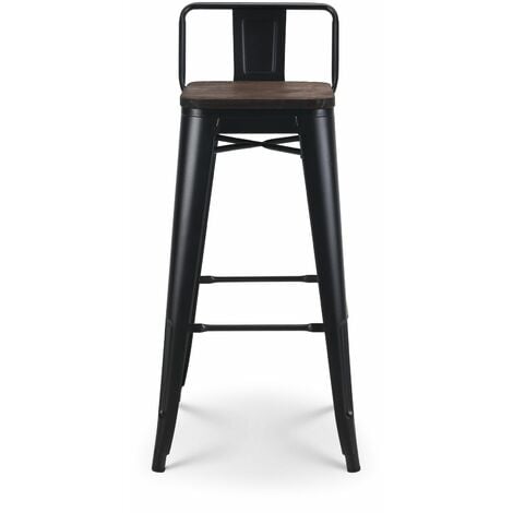 Kosmi Tabouret De Bar En Metal Noir Mat Et Assise En Bois Fonce Avec Dossier Chaise