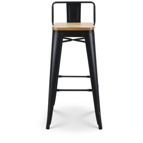 Tabouret de bar en métal noir mat style industriel avec dossier et assise en bois clair - Hauteur 76 cm