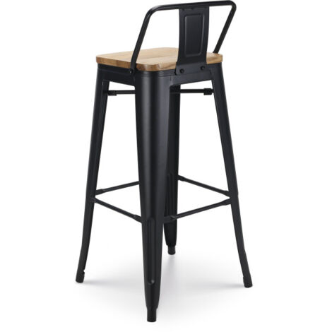 Tabouret de bar en métal noir mat style industriel avec dossier et assise en bois clair - Hauteur 76 cm