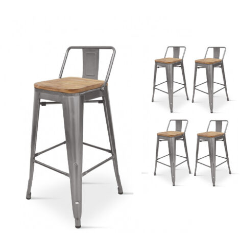 Kosmi – Lot de 4 tabourets de bar en métal brut galvanisé et bois clair – Hauteur 76 cm – Style industriel pour comptoirs et mange-debout