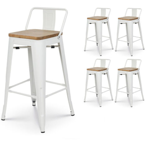 Kosmi – Lot de 4 tabourets de bar en métal blanc mat – Dossier et assise en bois clair – Hauteur 66cm – Style industriel