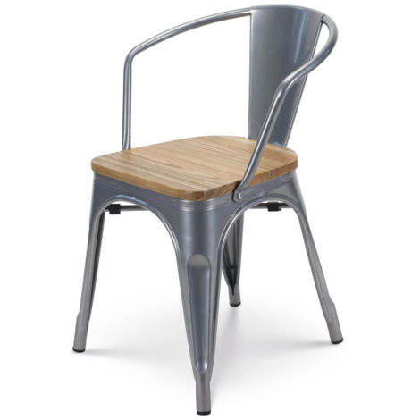 Chaise en métal silver style Industriel et assise en bois naturel clair - Avec accoudoirs (1/5)
