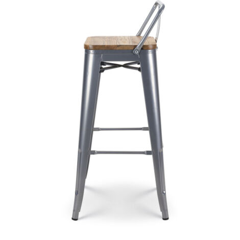 Tabouret de bar style industriel avec dossier en métal silver et assise en bois clair - Hauteur 76 cm