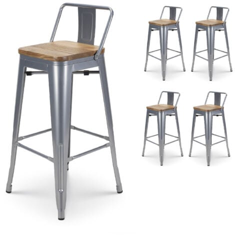 Lot de 4 tabourets de bar en métal gris silver aspect brillant style industriel
