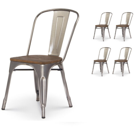 Lot de 4 chaises en métal brut aspect galvanisé et assise en bois foncé - Style industriel (1/5)