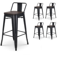 SKU Lot de 4 tabourets de bar en métal noir mat style industriel avec dossier et assise en bois foncé - Hauteur 66cm