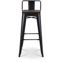 KOSMI - Tabouret de bar en métal noir mat et assise en bois foncé avec dossier, chaise de bar Tabouret métal et bois haut hauteur 76cm parfait pour table de 100 cm et plus - Noir
