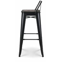 KOSMI - Tabouret de bar en métal noir mat et assise en bois foncé avec dossier, chaise de bar Tabouret métal et bois haut hauteur 76cm parfait pour table de 100 cm et plus - Noir