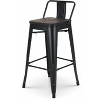 KOSMI - Tabouret de bar en métal noir mat et assise en bois foncé avec dossier, chaise de bar Tabouret métal et bois haut hauteur 66cm idéal pour une table de 90cm