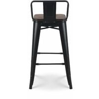 KOSMI - Tabouret de bar en métal noir mat et assise en bois foncé avec dossier, chaise de bar Tabouret métal et bois haut hauteur 66cm idéal pour une table de 90cm