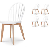 Kosmi – Lot de 4 chaises de salle à manger blanches – Pieds en bois naturel – Assise en résine arrondie – Dossier incurvé pour confort