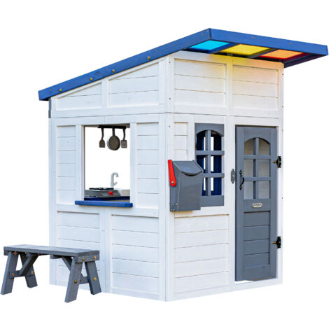 Teamson Kids Rainbow Shade Wooden Playhouse in White with Colorful Roof, Kitchen, Bench, Mailbox & Doorbell, Encourages Creativity & Social Skills