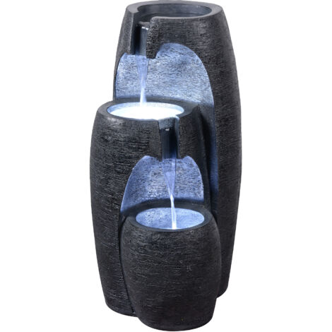 Teamson Home Garden Outdoor Water Feature Modern 3-Tier Cascading Urn Water Fountain With LED Lights Black